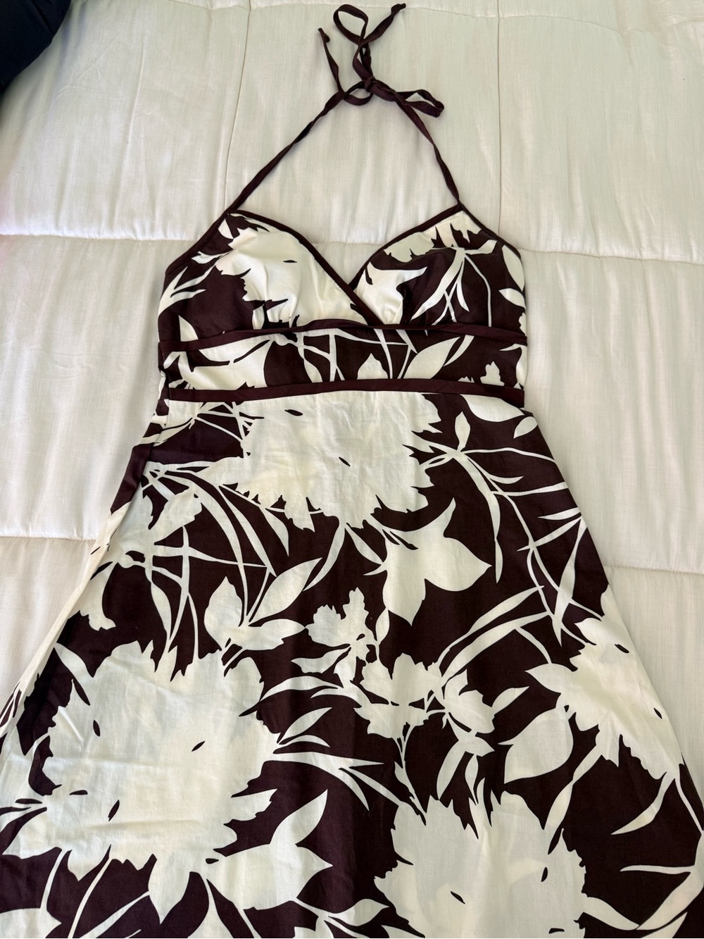 Y2K vintage summer halter sundress empire waist brown white tropical zip med - Picture 11 of 11